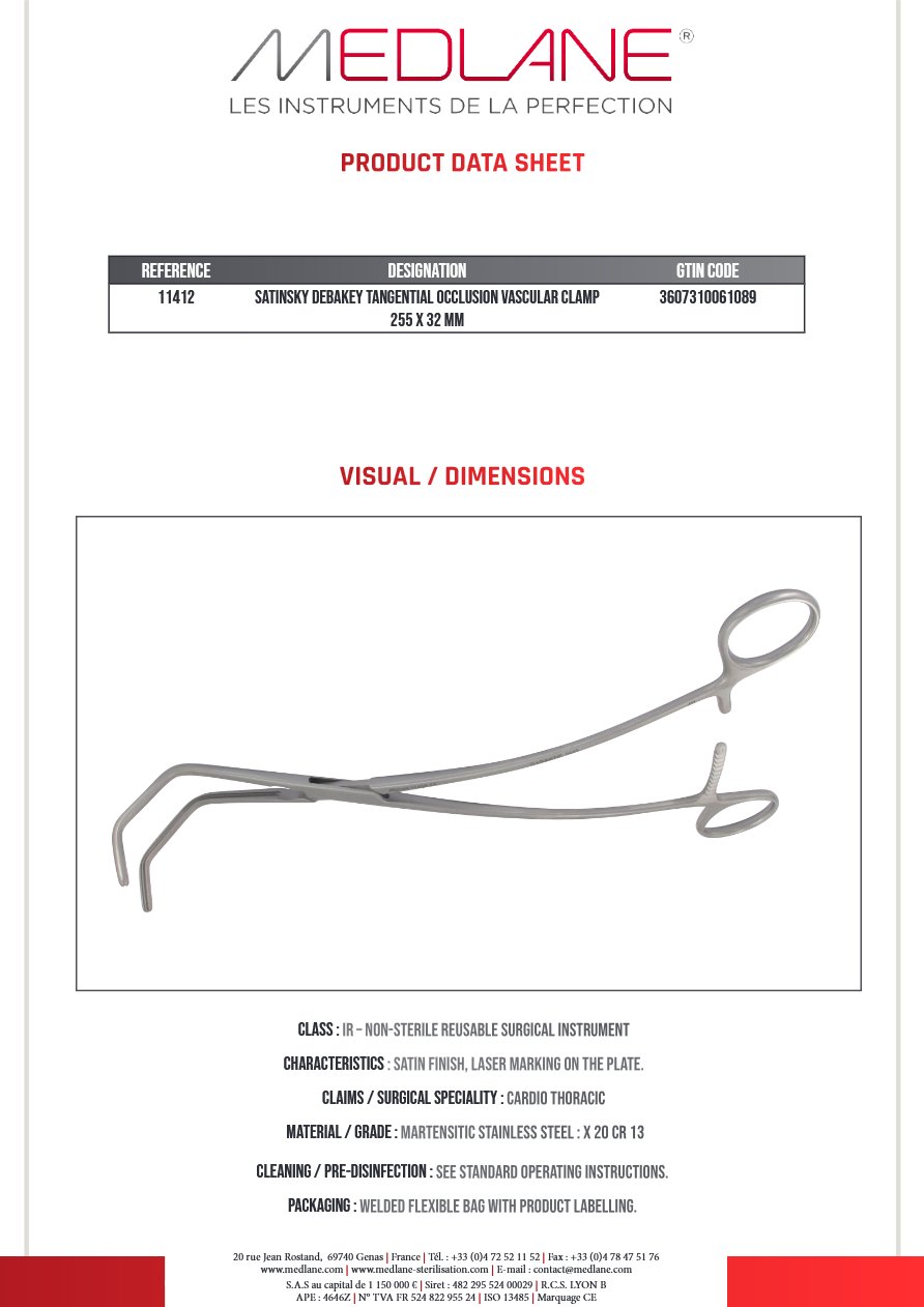 Clamp Vasculaire Occlusion Tangentielle Satinsky Debakey 255 X 32 mm — REF 11412