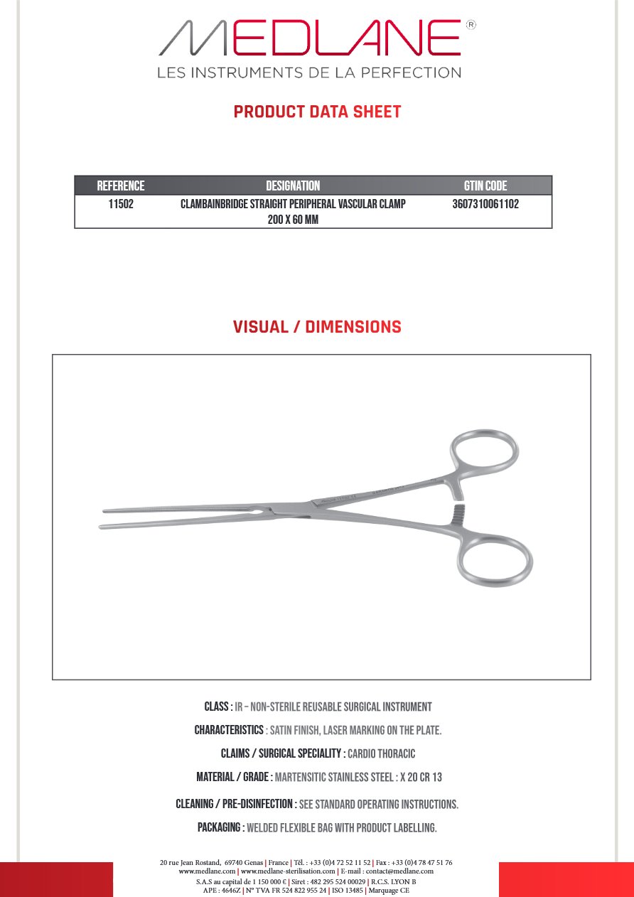 Clamp Vasculaire Peripherique Bainbridge Droit 200 X 60 mm — REF 11502P