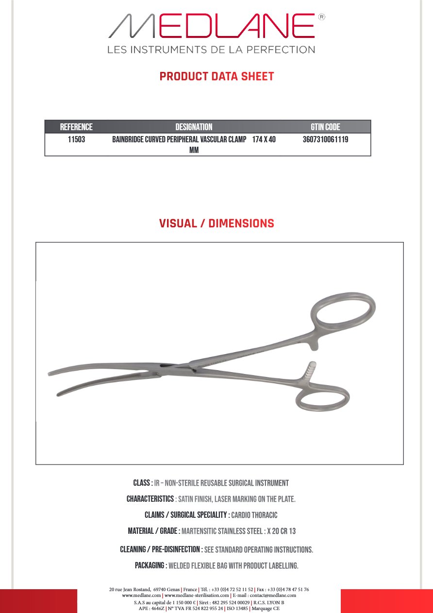Clamp Vasculaire Peripherique Bainbridge Courbes 174 X 40 mm — REF 11503P