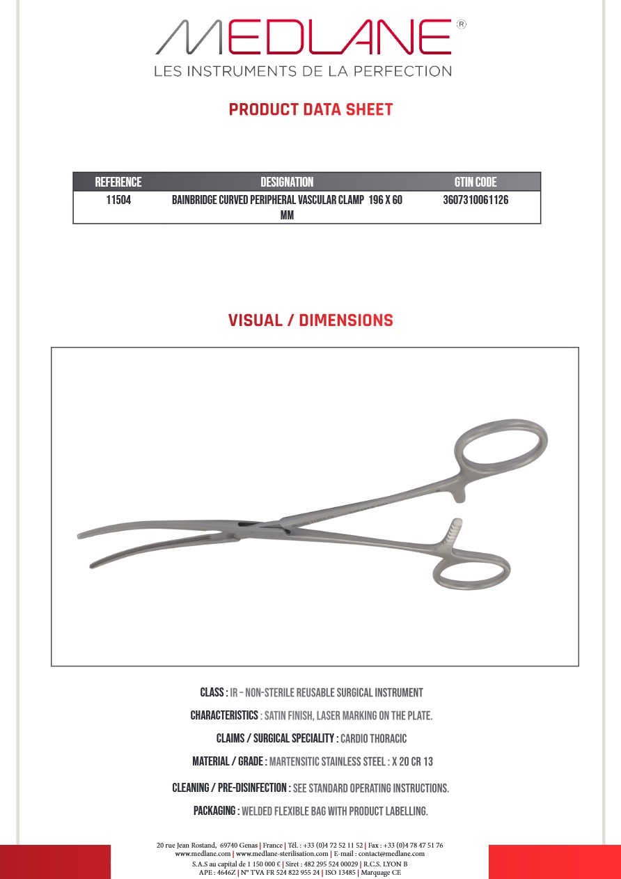 Clamp Vasculaire Peripherique Bainbridge Courbes 196 X 60 mm — REF 11504P