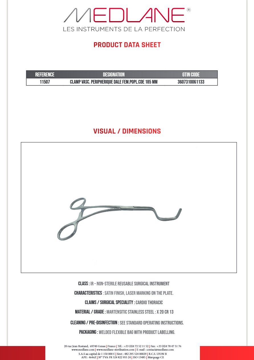 Clamp Vasculaire Peripherique Dale Fémoral poplité cde 185 mm — REF 11507P