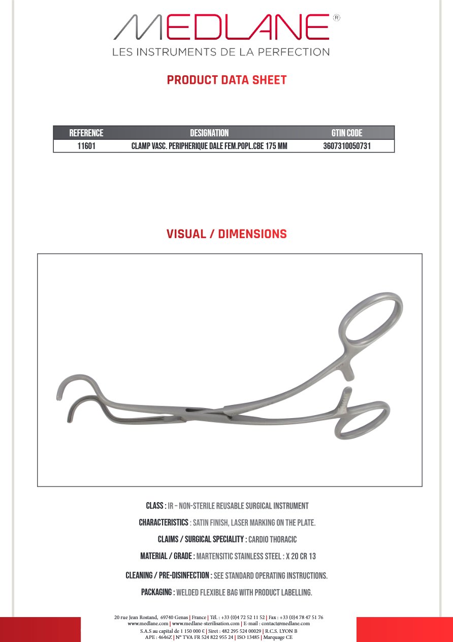 Clamp Vasculaire Peripherique Dale Fémoral poplité courbe 175 mm — REF 11601P
