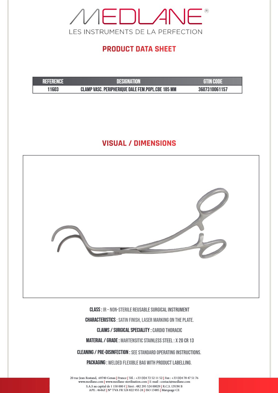 Clamp Vasculaire Peripherique Dale Fémoral poplité courbe 185 mm — REF 11603P