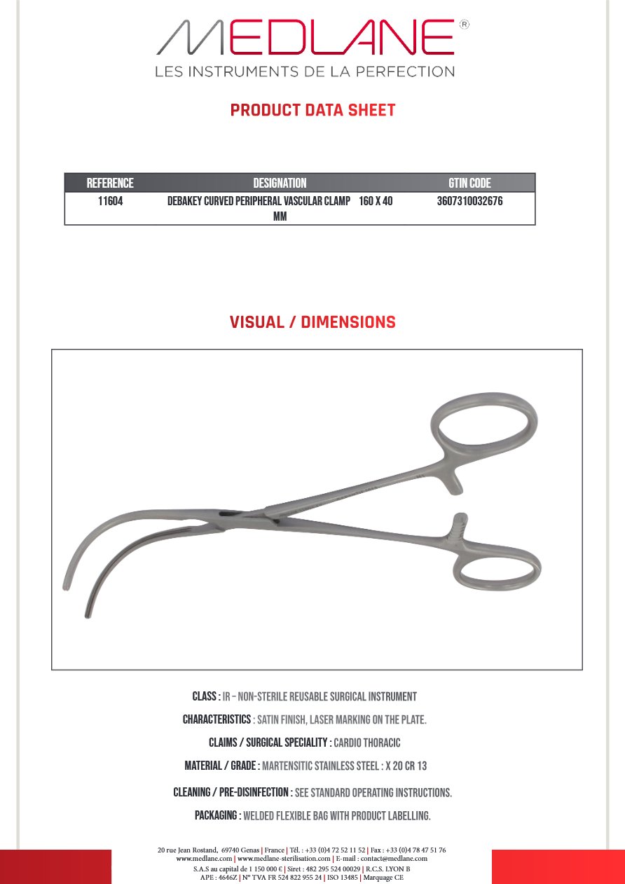 Clamp Vasculaire Peripherique Debakey Courbe 160 X 40 mm — REF 11604P