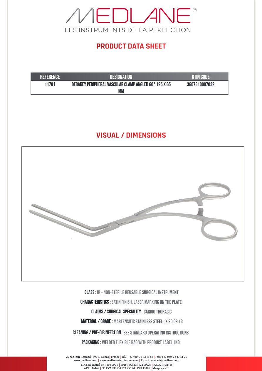 Photo produit MEDLANE : Clamp Vasculaire Peripherique Debakey Coudé 60° 195 X 65 mm, référence 11701P