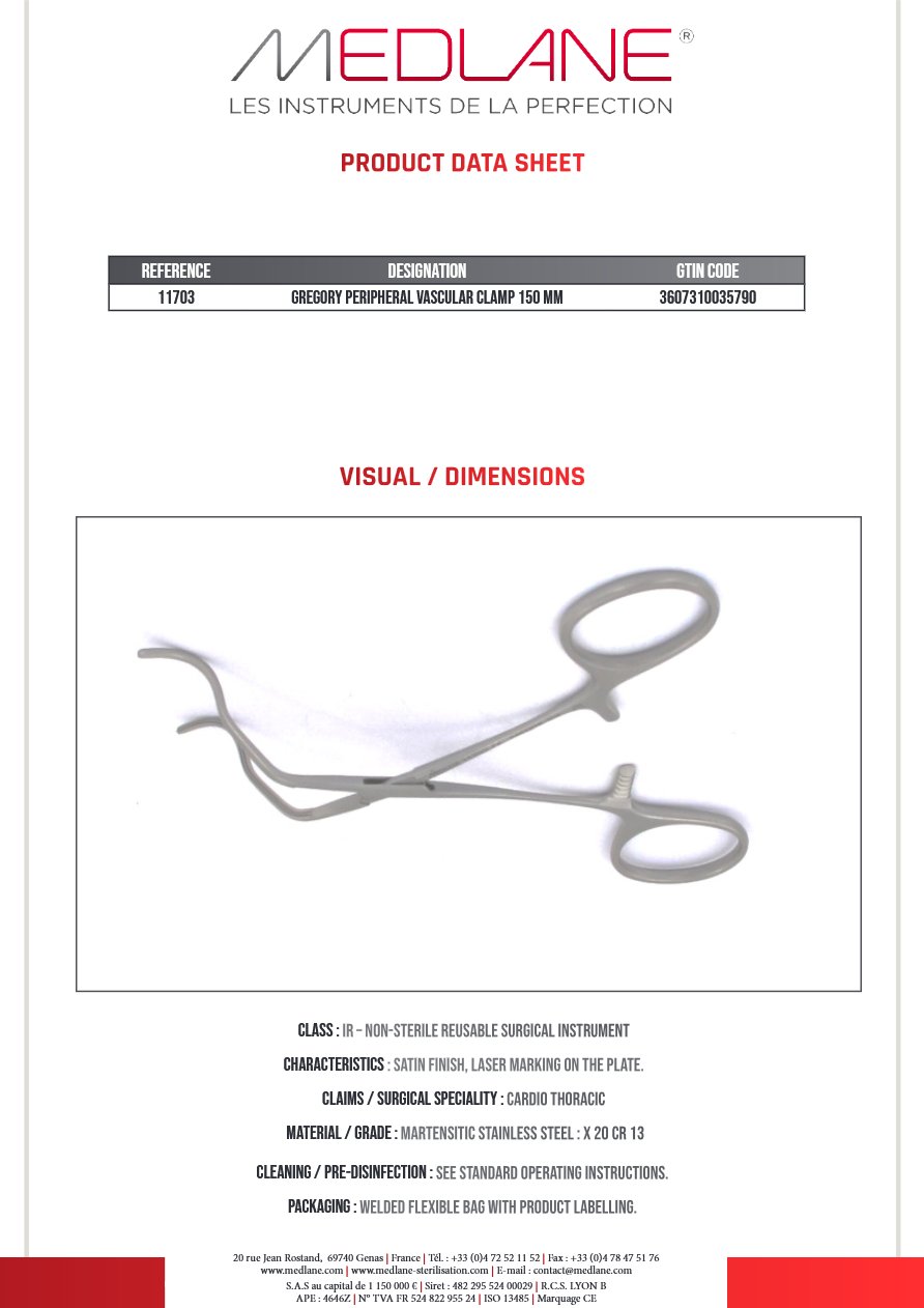 Clamp Vasculaire Peripherique Gregory 150 mm — REF 11703P
