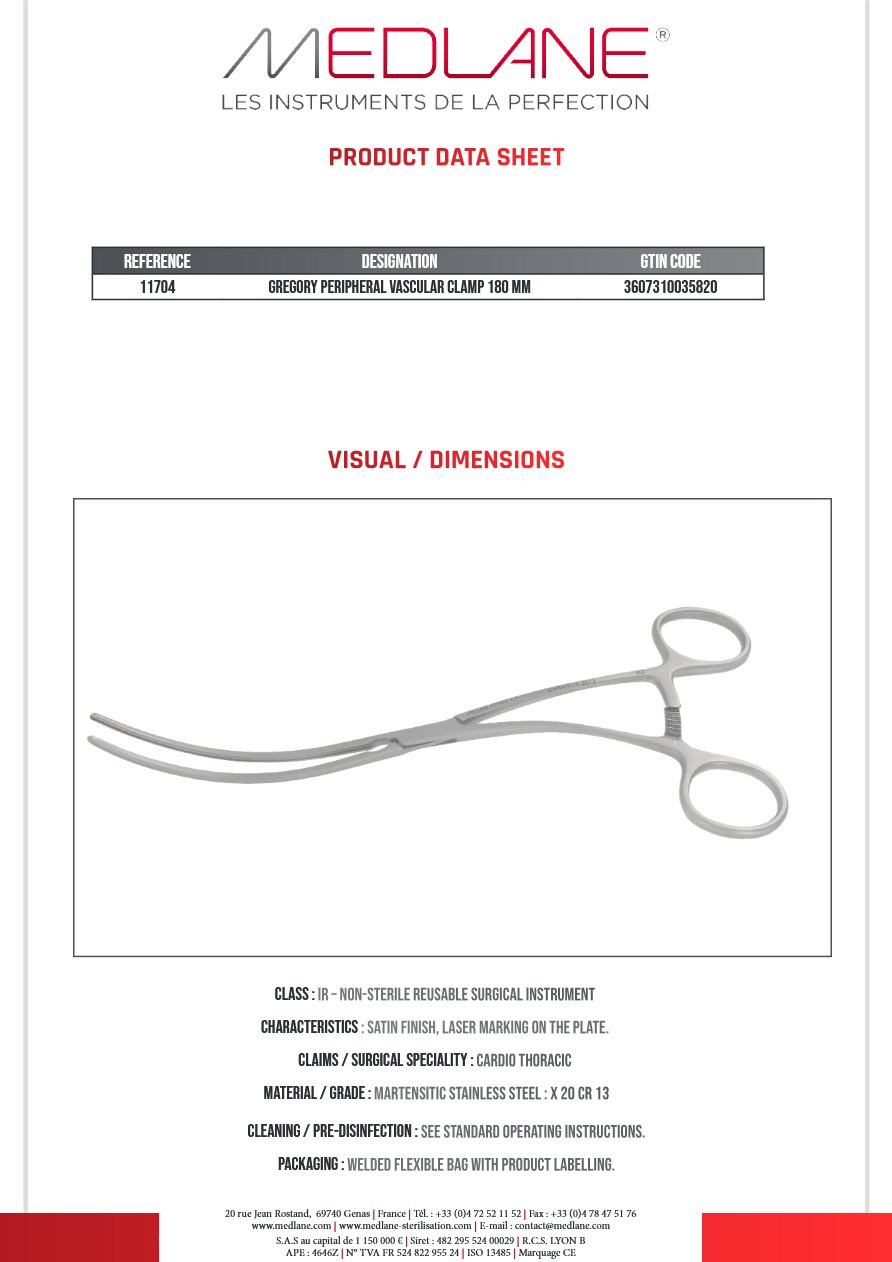 Clamp Vasculaire Peripherique Gregory 180 mm — REF 11704P