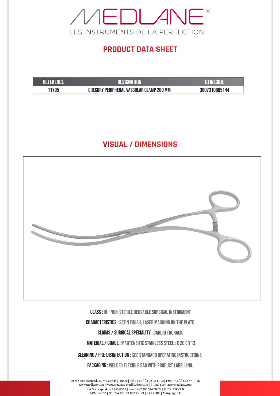 Clamp Vasculaire Peripherique Gregory 200 mm — REF 11705P