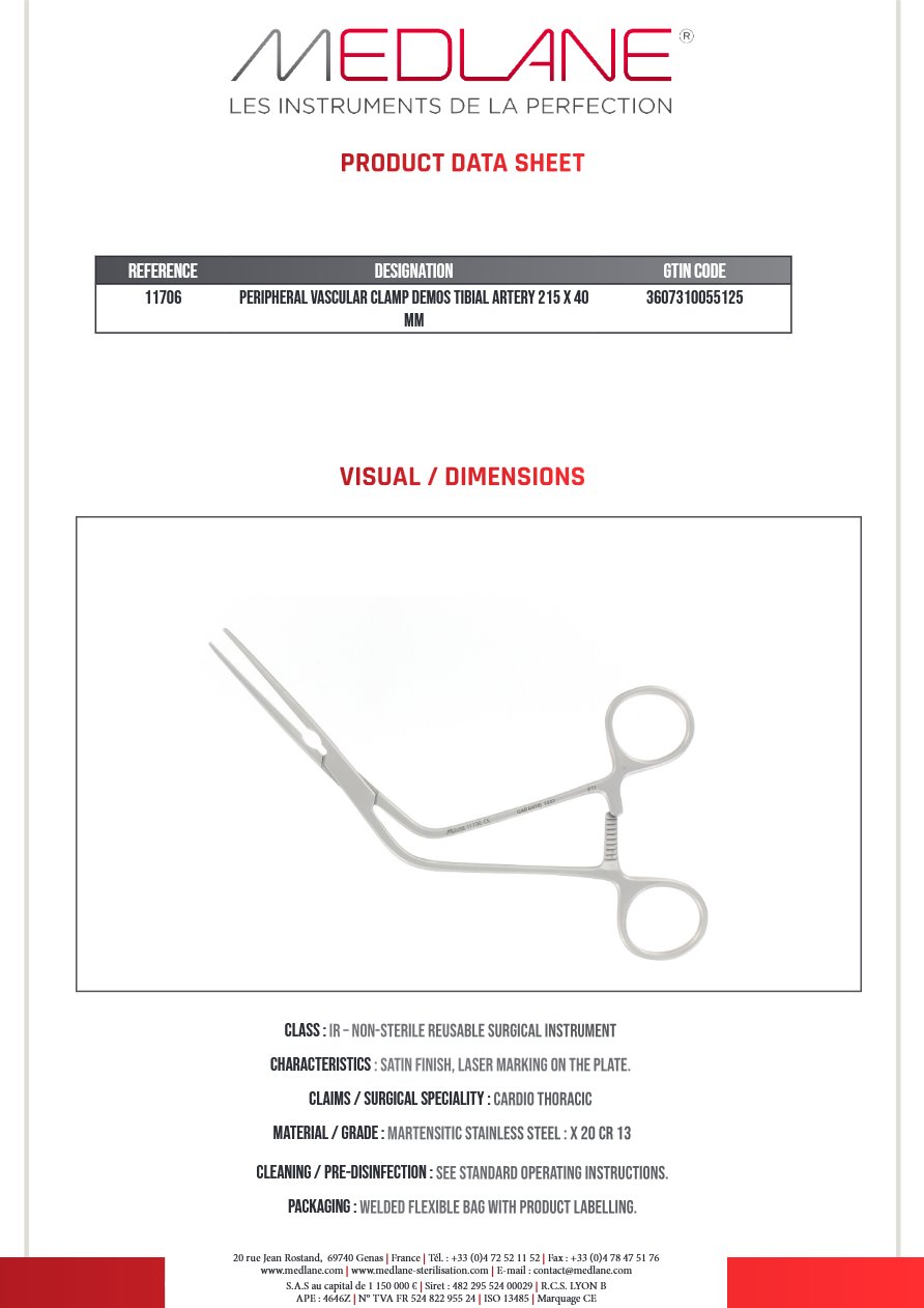 Clamp Vasculaire Peripherique Demos Artere Tibiale 215 X 40 mm — REF 11706