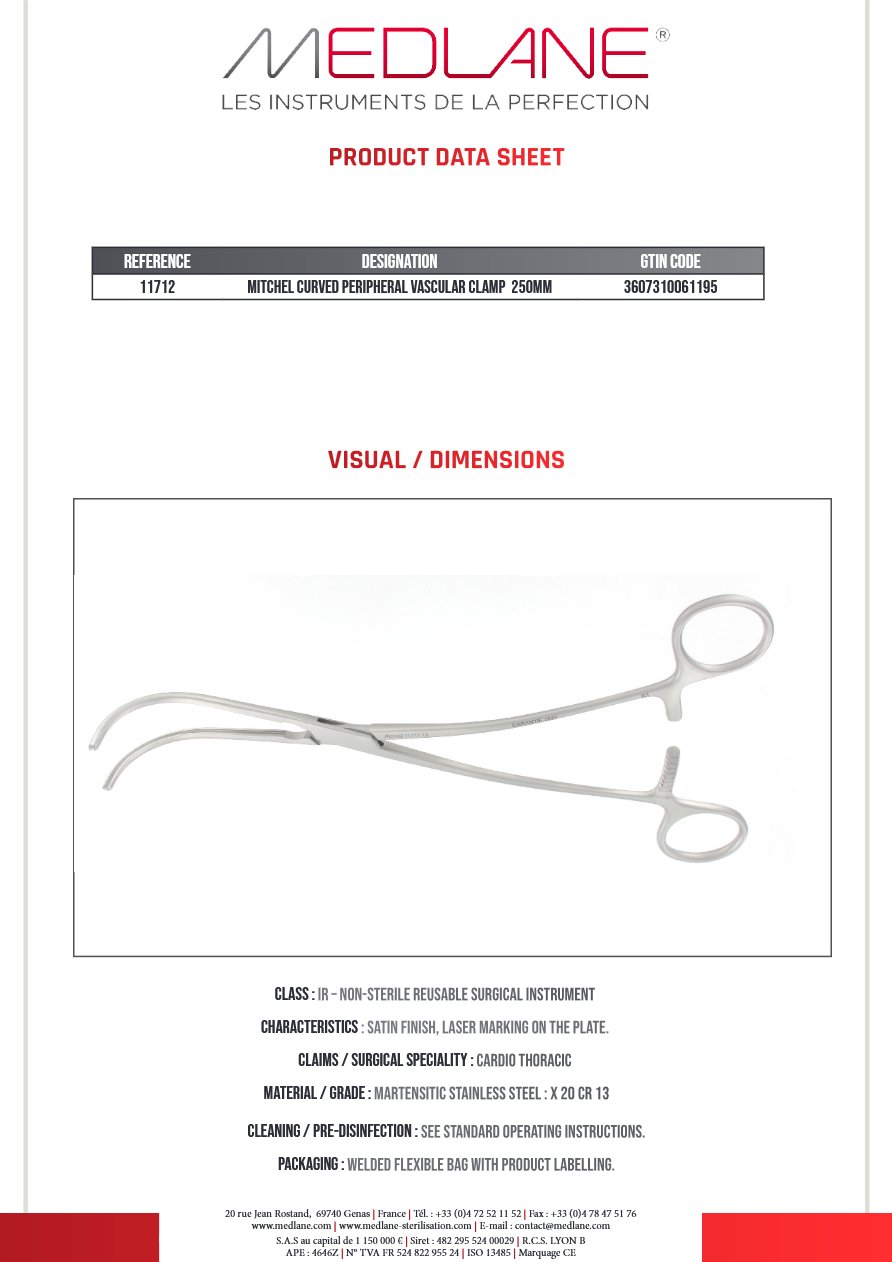 Clamp Vasculaire Peripherique Mitchel Courbe 250MM — REF 11712