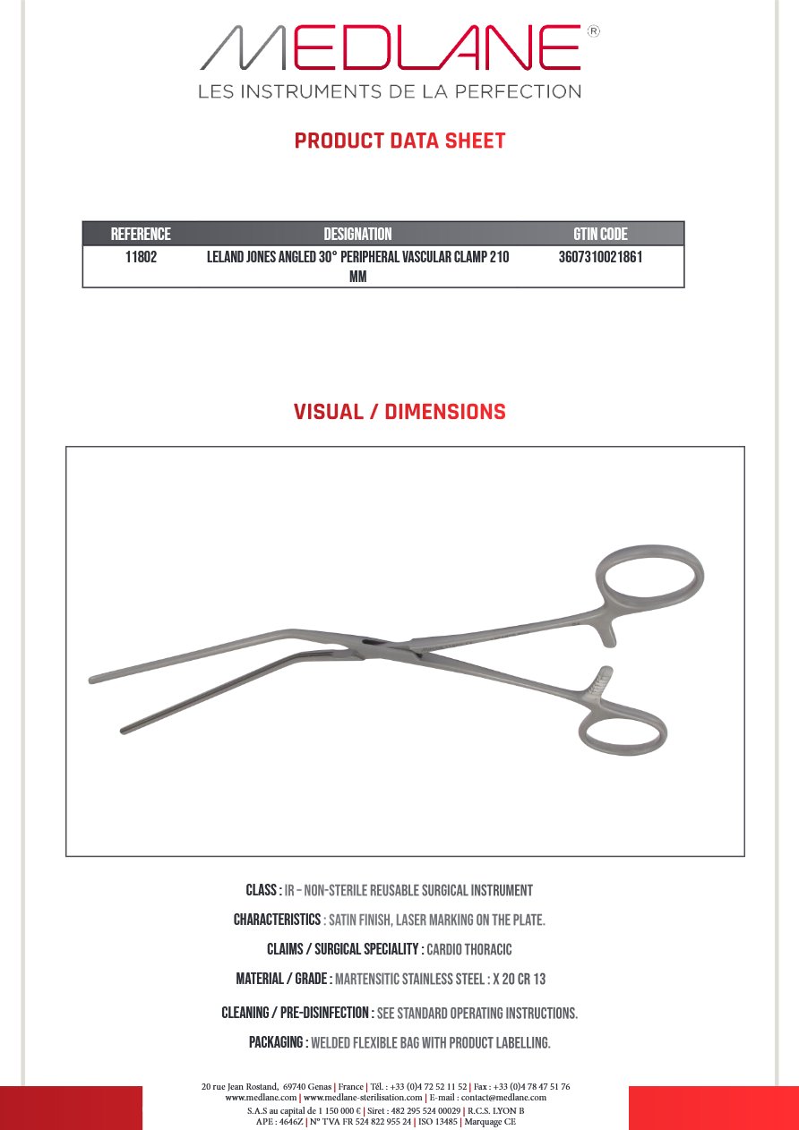 Clamp Vasculaire Peripherique Leland Jones Coudé 30° 210 mm — REF 11802P