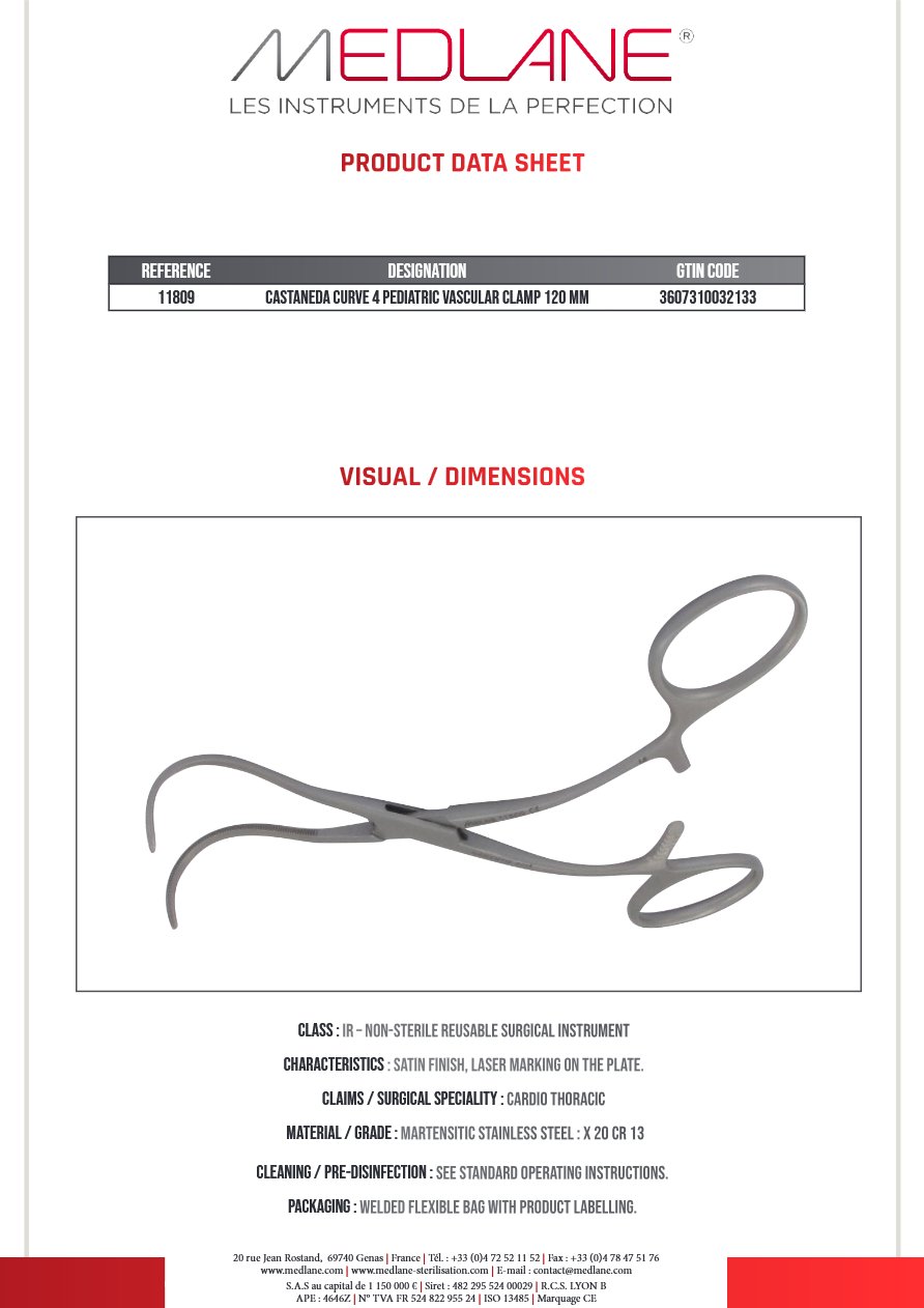 Clamp Vasculaire Pediatrique Castaneda Courbe 4 120 mm — REF 11809P