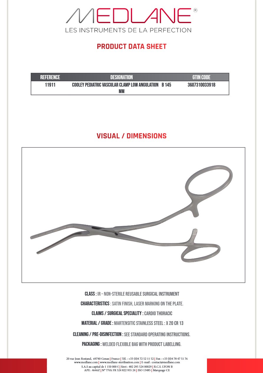 Clamp Vasculaire Pediatrique Cooley Faible Angulation B 145 mm — REF 11911
