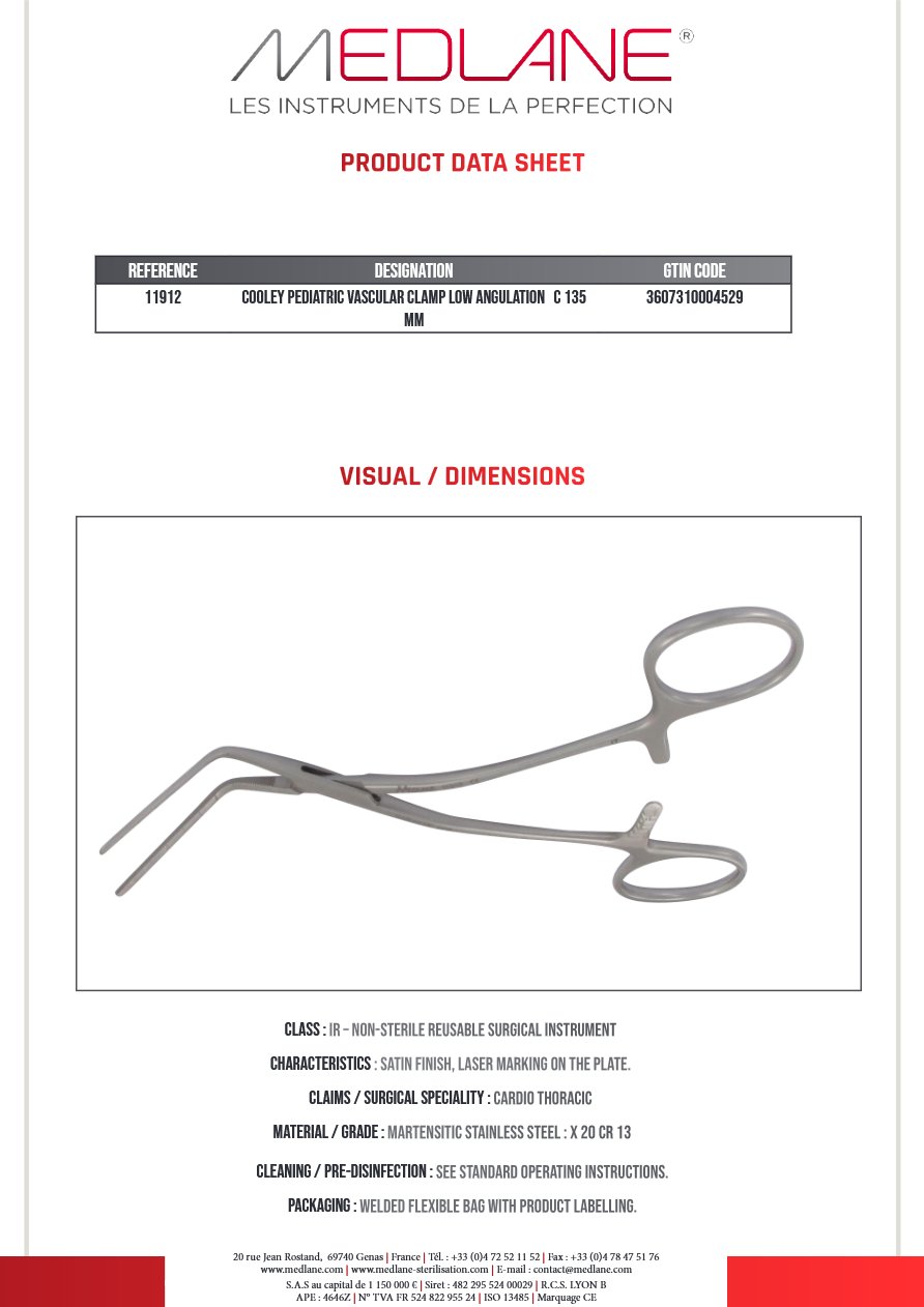 Clamp Vasculaire Pediatrique Cooley Faible Angulation C 135 mm — REF 11912