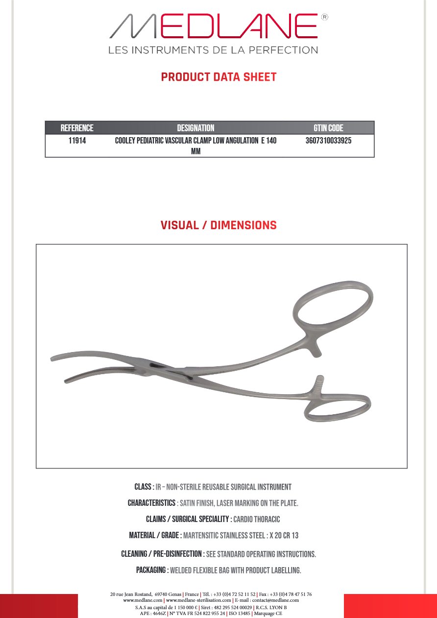 Clamp Vasculaire Pediatrique Cooley Faible Angulation E 140 mm — REF 11914
