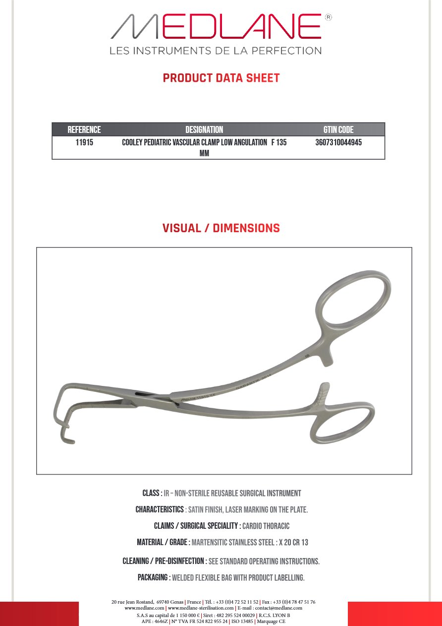 Clamp Vasculaire Pediatrique Cooley Faible Angulation Fond 135 mm — REF 11915