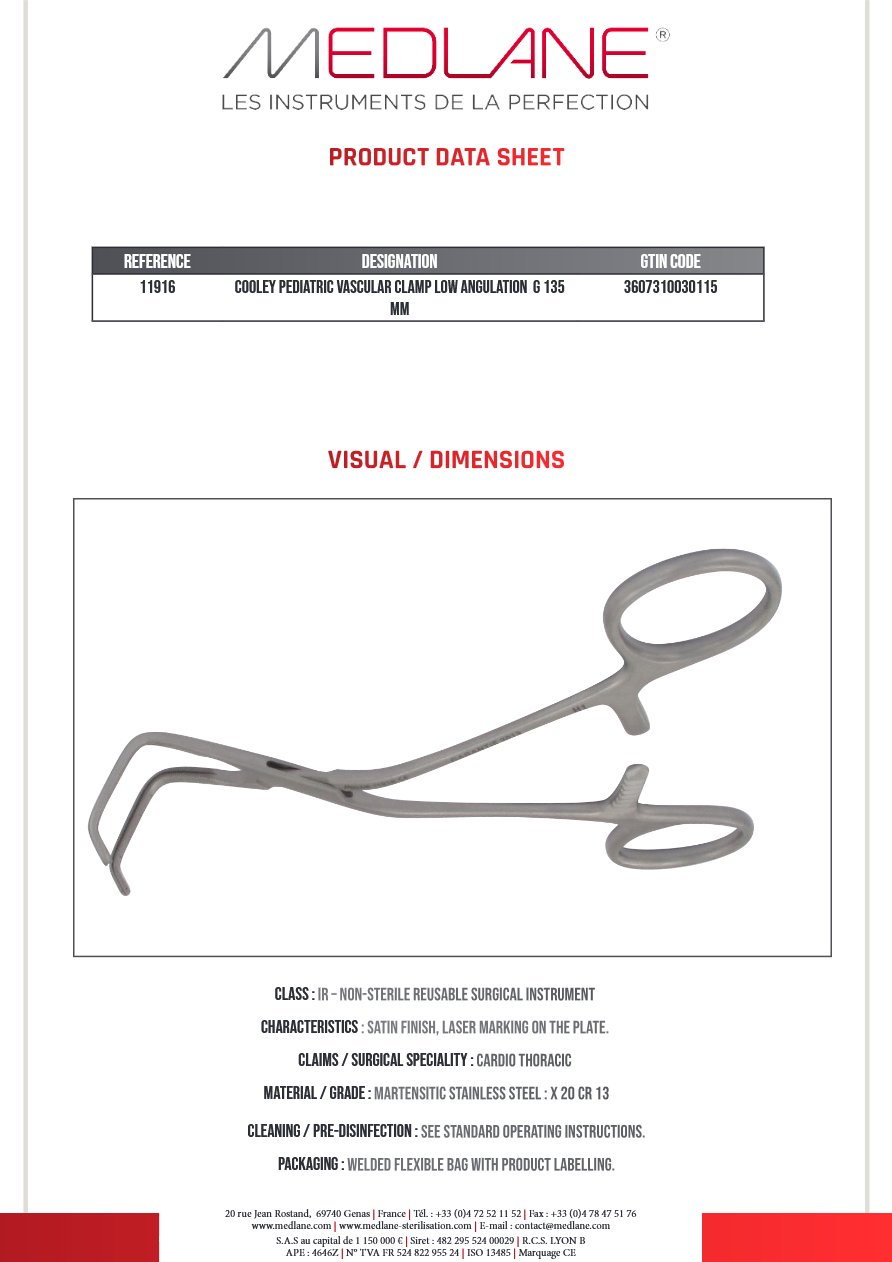 Clamp Vasculaire Pediatrique Cooley Faible Angulation G 135 mm — REF 11916