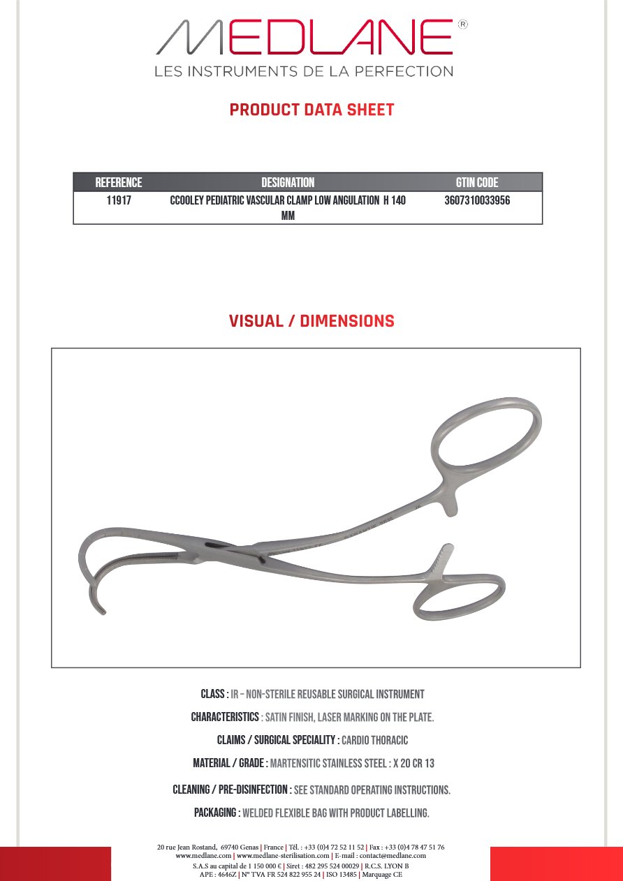Clamp Vasculaire Pediatrique Cooley Faible Angulation H 140 mm — REF 11917