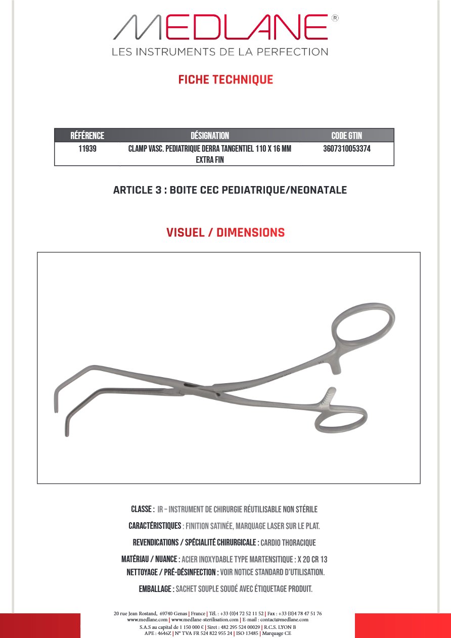 Clamp Vasculaire Pediatrique Derra Tangentiel 110 X 16 mm Extra Fin — REF 11939
