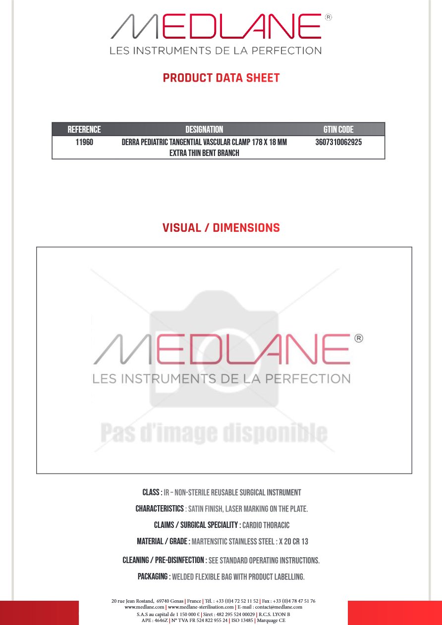 Derra Pediatric Tangential Vascular Clamp 178 X 18 Mm Extra Thin Bent Branch — REF 11960