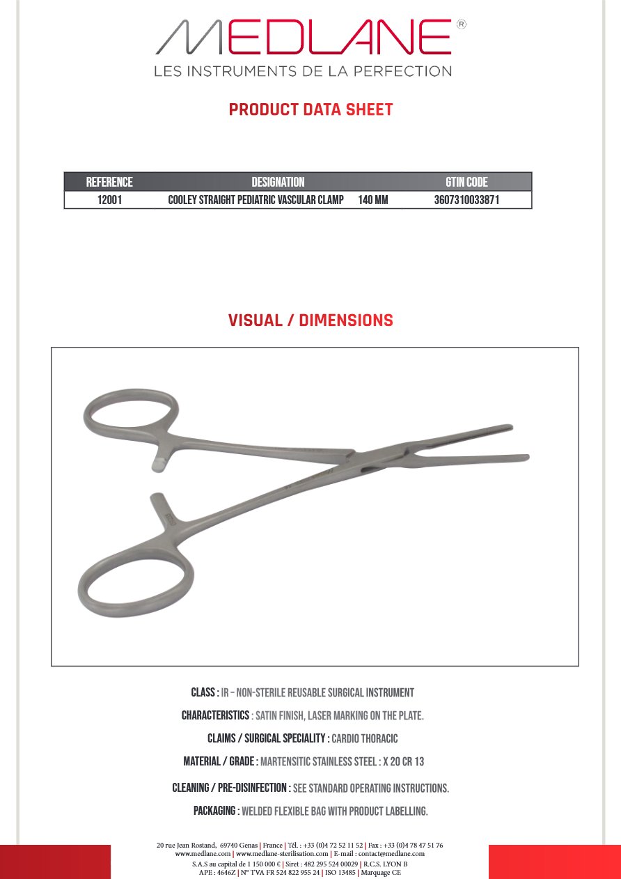 Clamp Vasculaire Pediatrique Cooley Droit 140 mm — REF 12001P