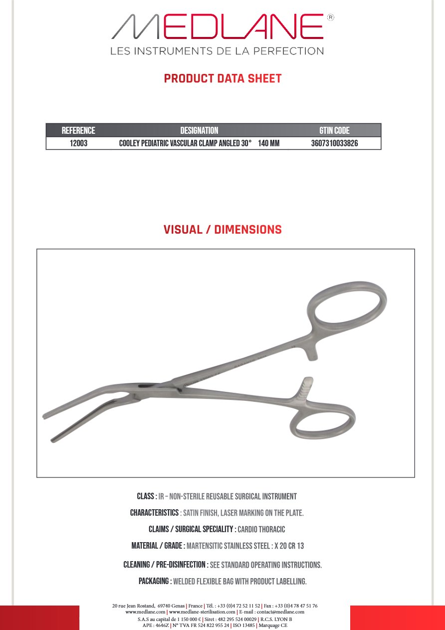 Photo produit MEDLANE : Clamp Vasculaire Pediatrique Cooley Coudé 30° 140 mm, référence 12003