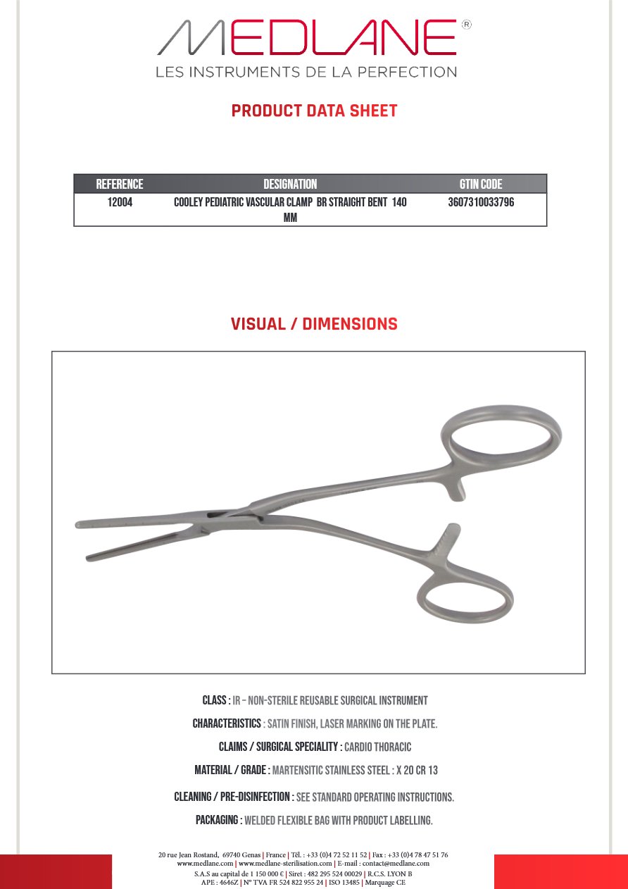 Clamp Vasculaire Pediatrique Cooley Broche Coudé Droit 140 mm — REF 12004