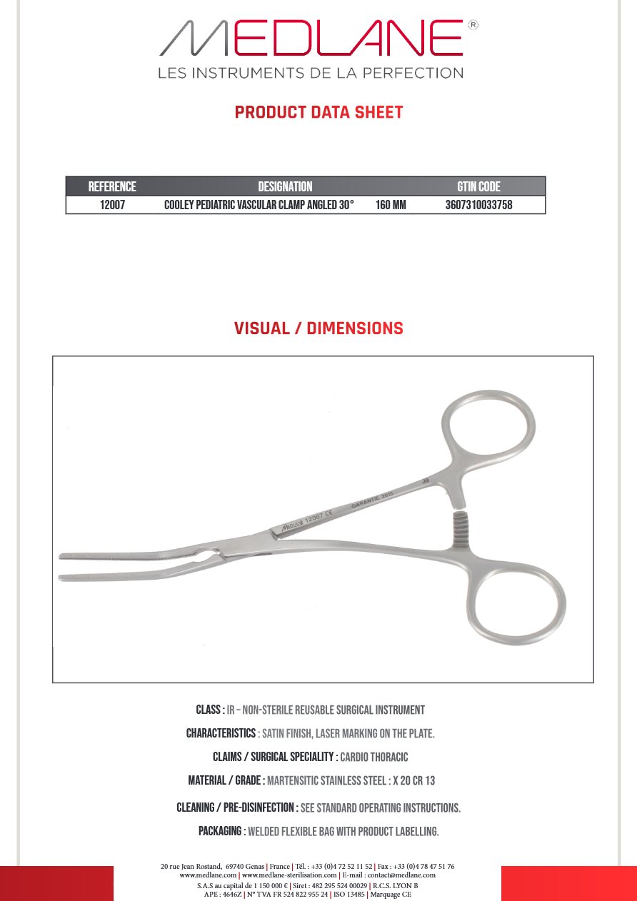 Clamp Vasculaire Pediatrique Cooley Coudé 30° 160 mm — REF 12007