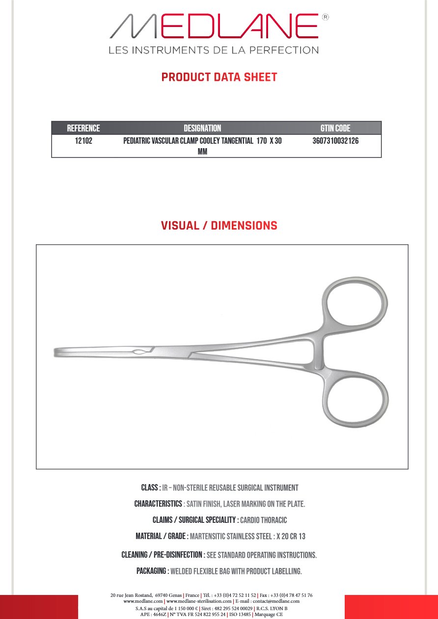Clamp Vasculaire Pediatrique Cooley Tangentiel 170 X 30 mm — REF 12102