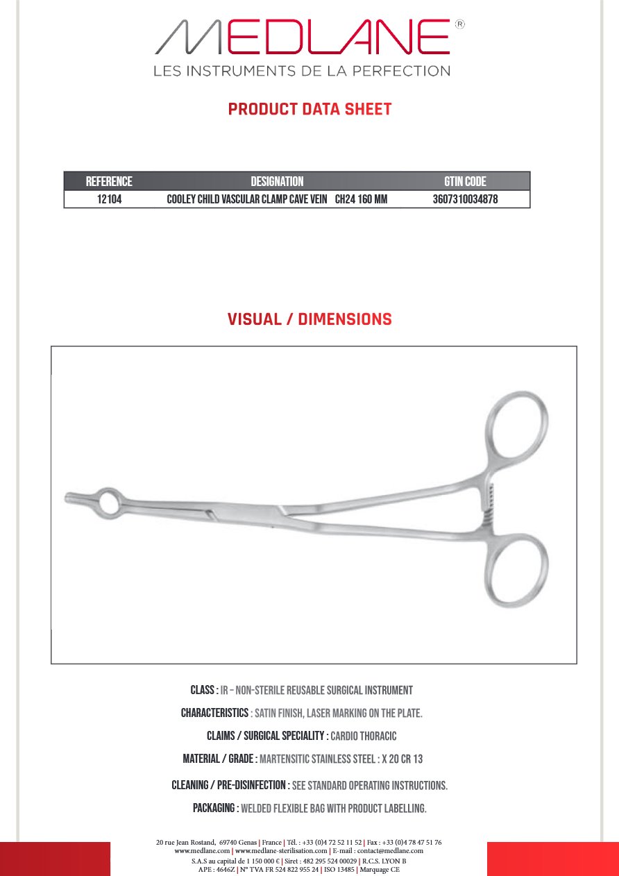 Clamp Vasculaire Veine Cave Cooley Enf. Chirurgical 24 160 mm — REF 12104