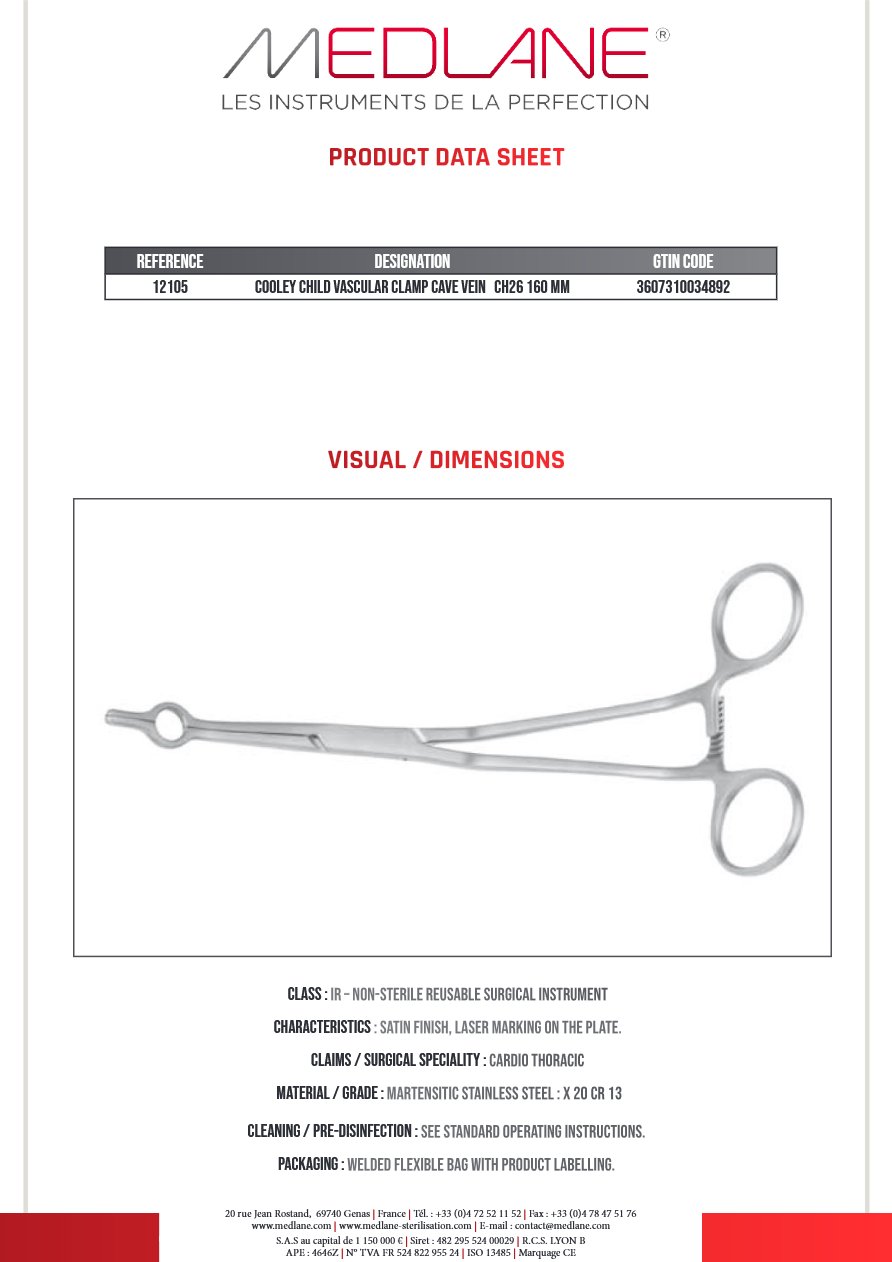 Clamp Vasculaire Veine Cave Cooley Enf. Chirurgical 26 160 mm — REF 12105