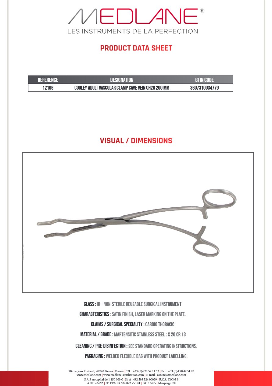 Clamp Vasculaire Veine Cave Cooley Adulte Chirurgical 28 200 mm — REF 12106