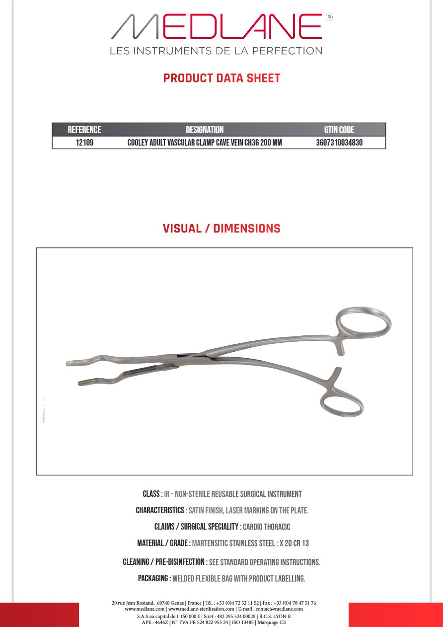 Clamp Vasculaire Veine Cave Cooley Adulte Chirurgical 36 200 mm — REF 12109