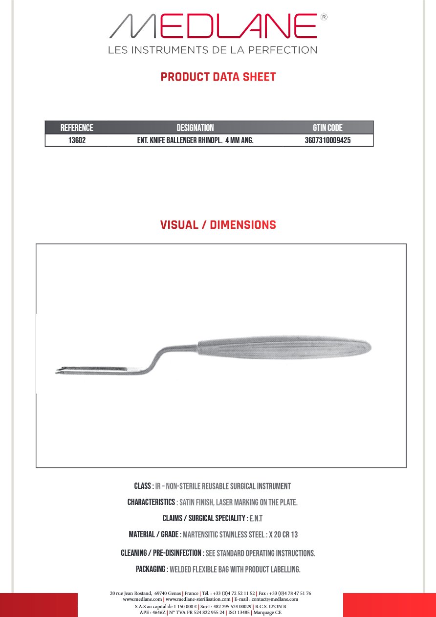 Couteau O. R. L. Ballenger Rhinoplastie Angulé 4 mm — REF 13602