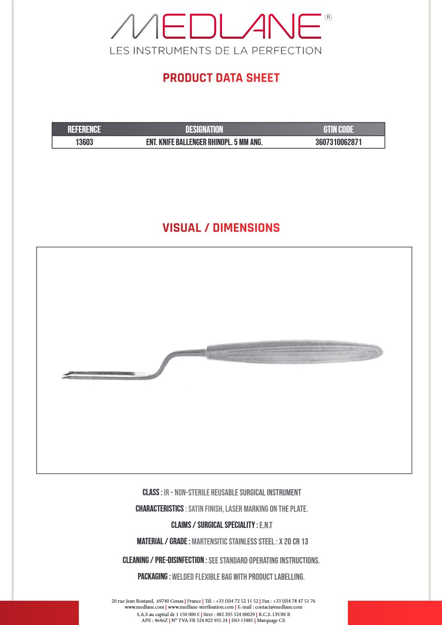 Couteau O. R. L. Ballenger Rhinoplastie Angulé 5 mm — REF 13603