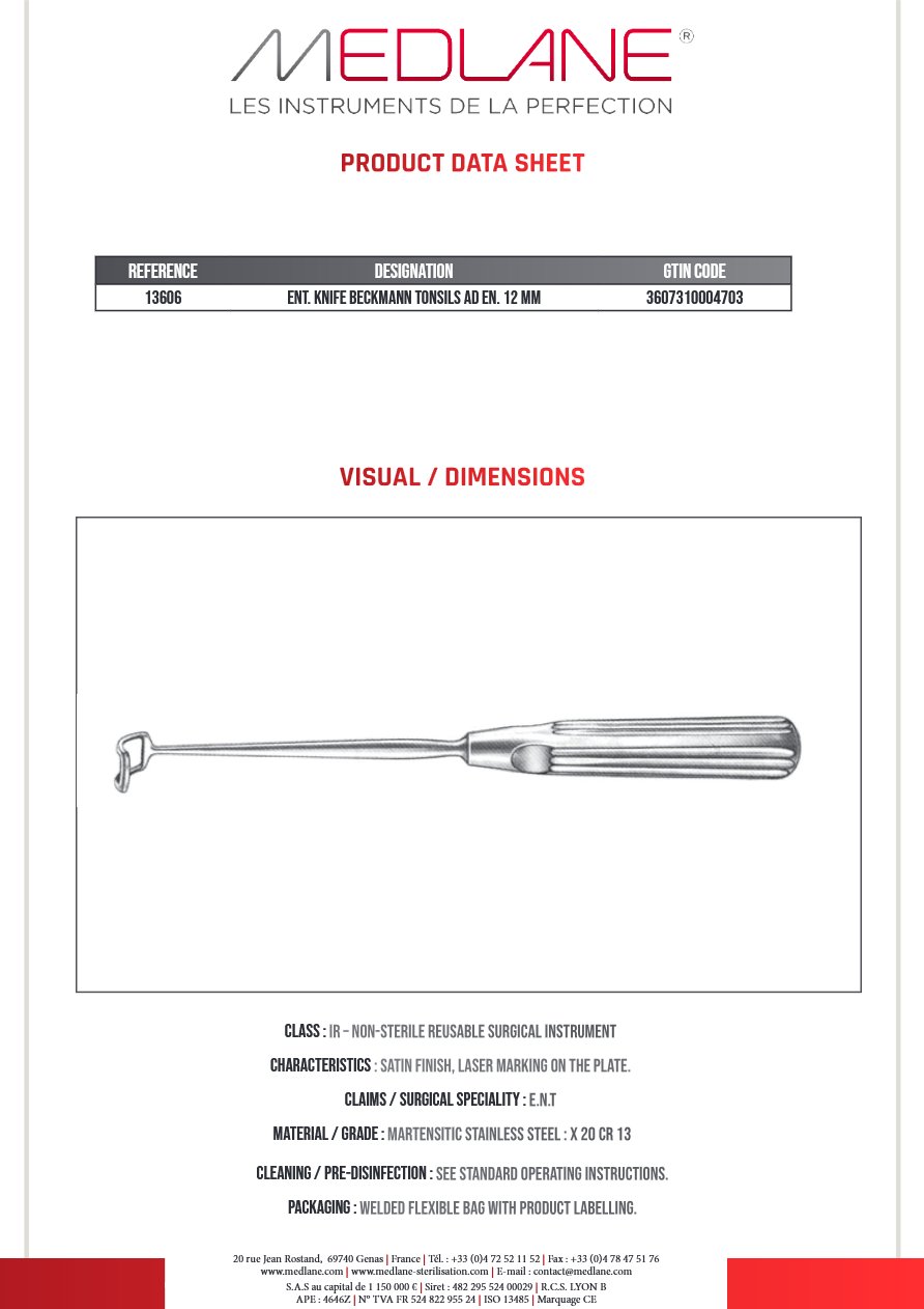 Entérotome KNIFE BECKMANN TONSILS AD Entérotome 12 MM — REF 13606