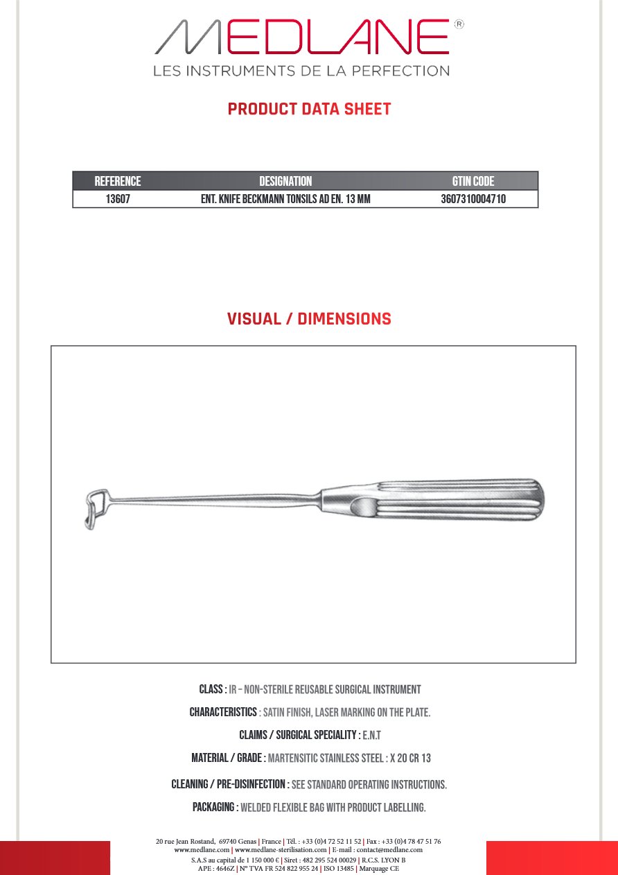 Entérotome KNIFE BECKMANN TONSILS AD Entérotome 13 MM — REF 13607