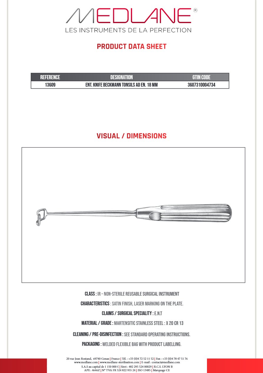 Entérotome KNIFE BECKMANN TONSILS AD Entérotome 18 MM — REF 13609