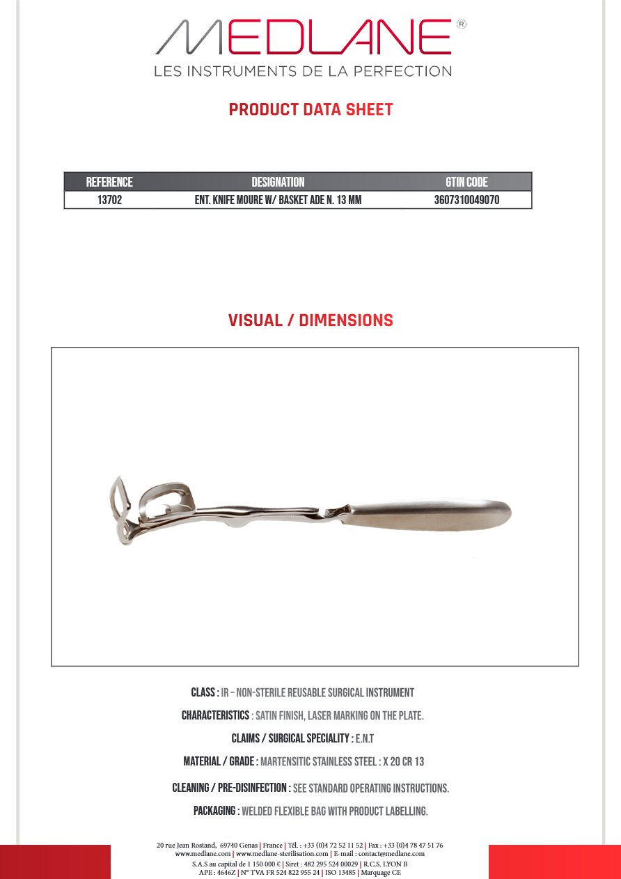 Couteau O.R.L. Moure a Panier 220 X 13 mm — REF 13702