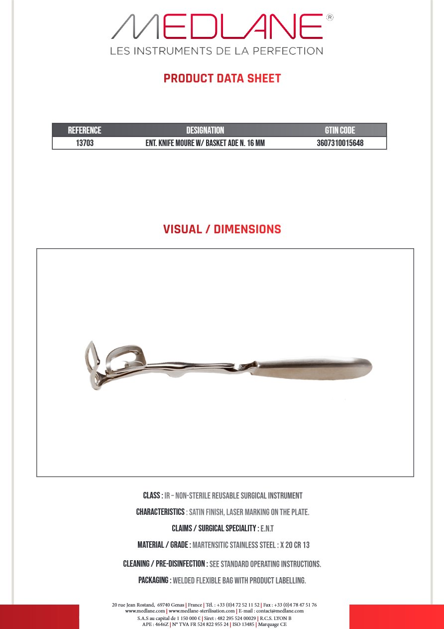 Entérotome KNIFE MOURE W/ BASKET ADE N. 16 MM — REF 13703
