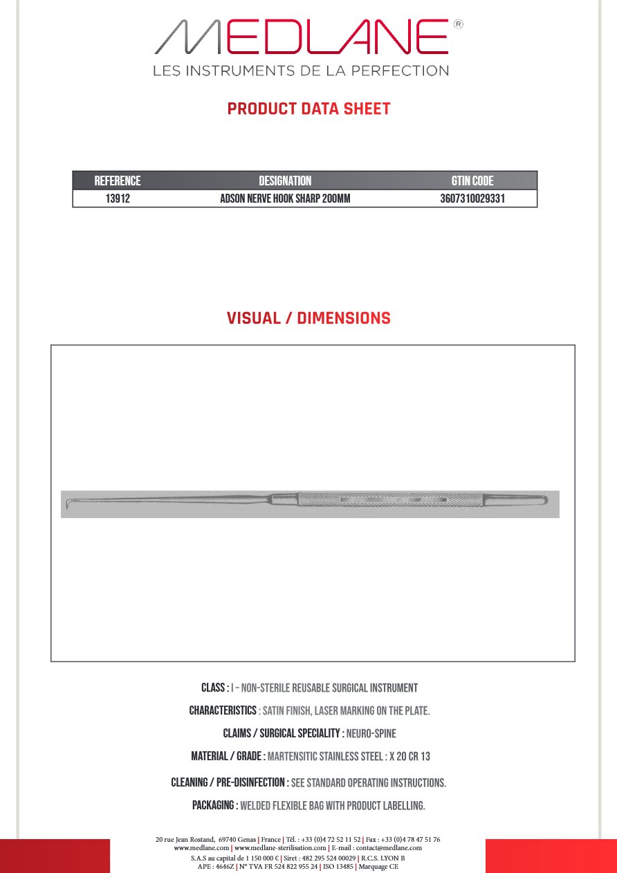 Adson Nerve Hook Sharp 200mm — REF 13912