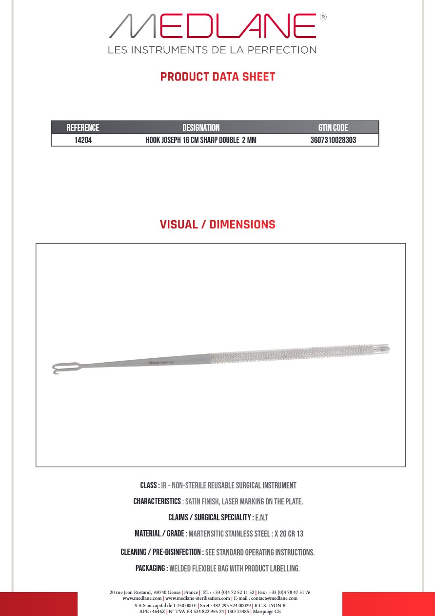 Crochet Joseph 160 mm Pointu Double 2 mm — REF 14204P