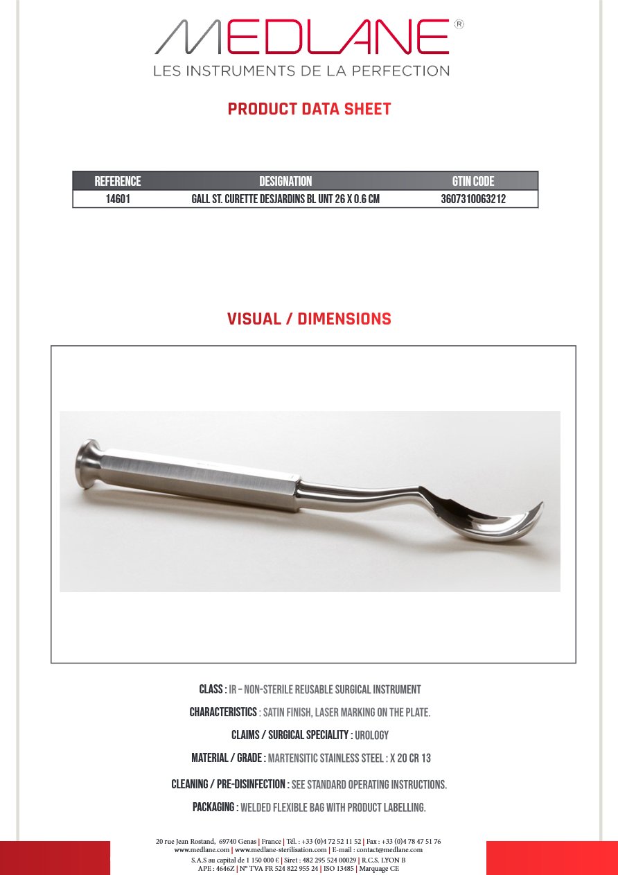 Photo produit MEDLANE : Curette Calculs Biliaire Desjardins Mousse 260 X 6 mm, référence 14601
