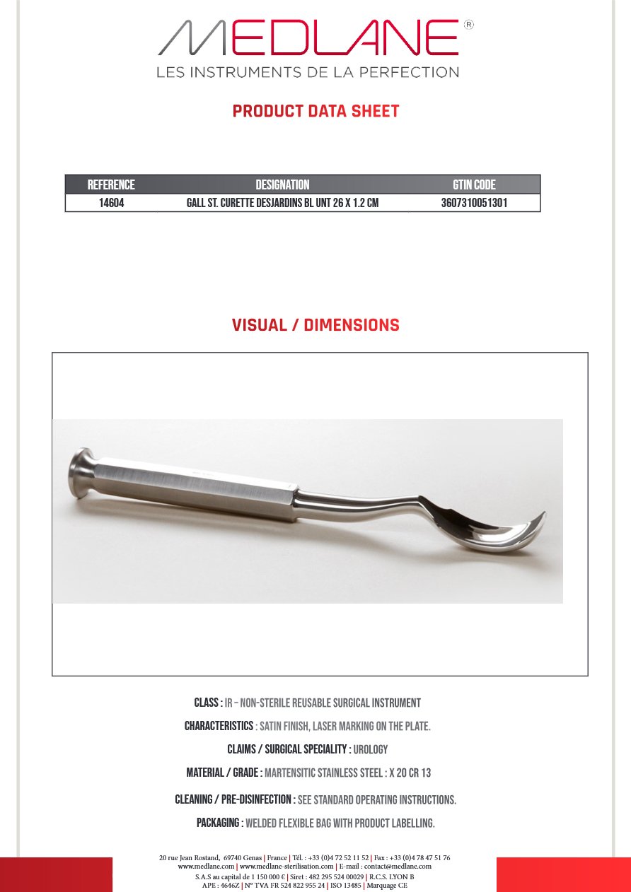 Curette Calculs Biliaire Desjardins Mousse 260 X 12 mm — REF 14604