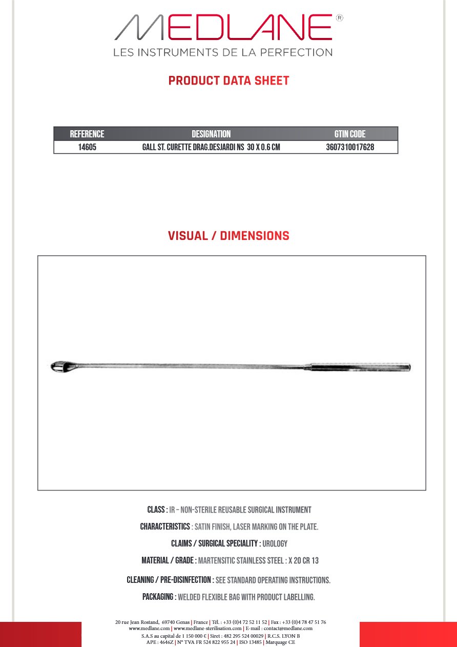 Curette Calculs Biliaire Drag. desjardins 300 X 6 mm — REF 14605