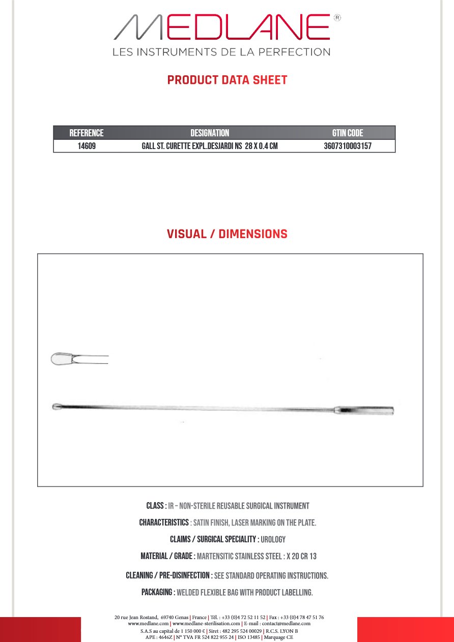 Curette Calculs Biliaire Expl. desjardins 280 X 4 mm — REF 14609