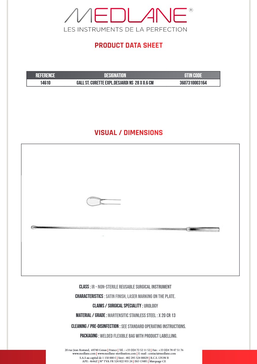 Curette Calculs Biliaire Expl. desjardins 280 X 6 mm — REF 14610