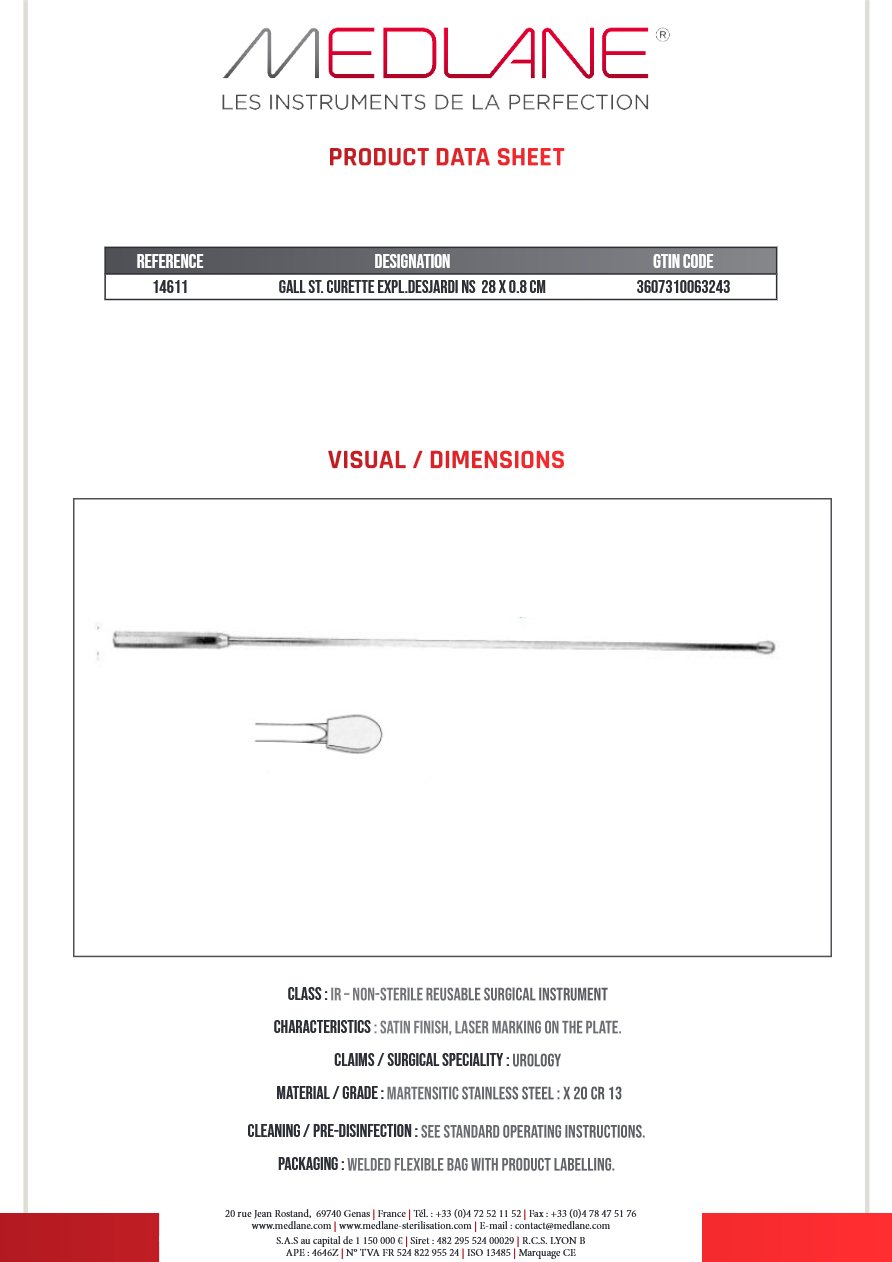 Curette Calculs Biliaire Expl. desjardins 280 X 8 mm — REF 14611