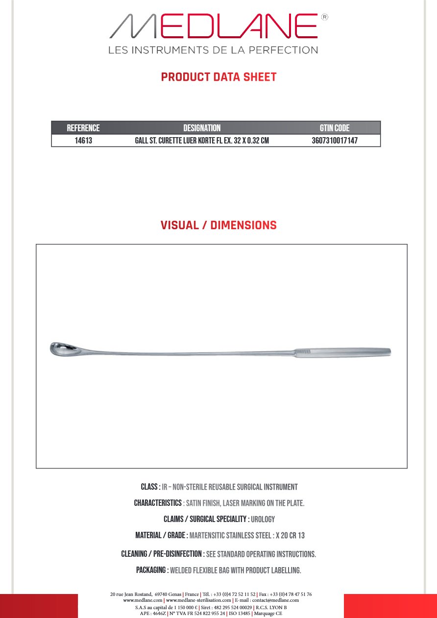 Curette Calculs Biliaire Luer Korte Malléable 320 X 3.2MM — REF 14613