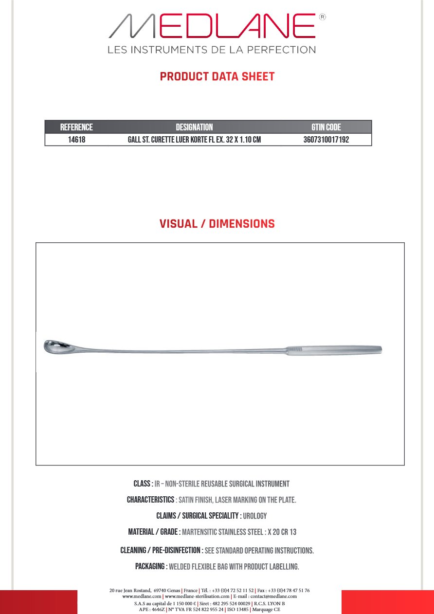 Curette Calculs Biliaire Luer Korte Malléable 320 X 11.0MM — REF 14618